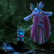 Fomantis and Lurantis stand in a dark jungle, by a stream.